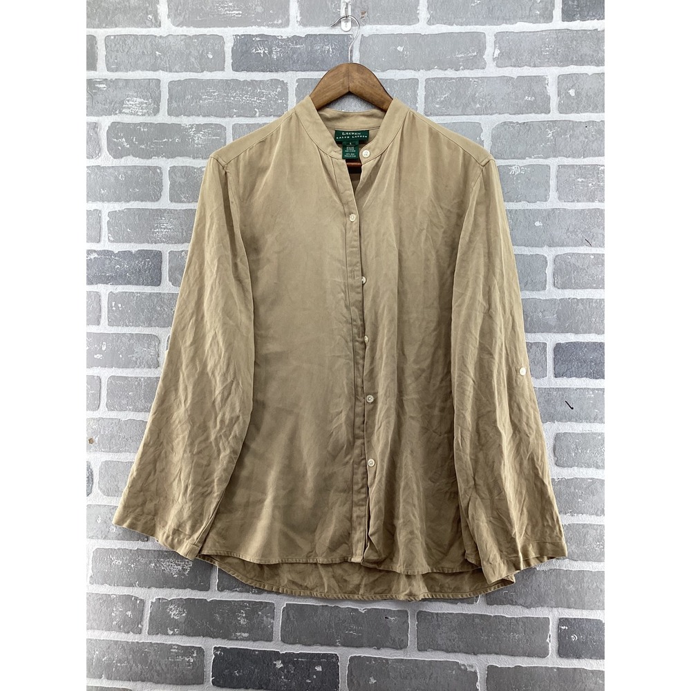Lauren‎ Ralph Lauren Tan 100% Silk Mandarin Collar Roll Tab Blouse Womens Large